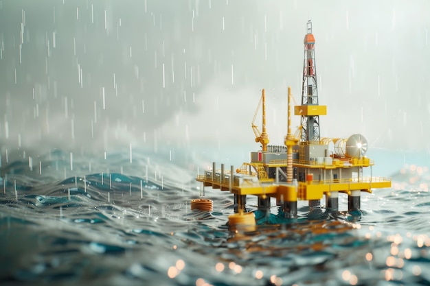 Una plataforma petrolera amarilla está flotando en el océano con lluvia cayendo sobre ella