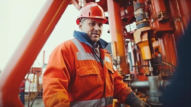 Foto una plataforma petrolera inspeccionada por un trabajador de mantenimiento en busca de gatos para bombas de aceite generar ia