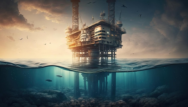 Plataforma petrolera en mar abierto en la hermosa plataforma de producción de petróleo al atardecer para extraer petróleo
