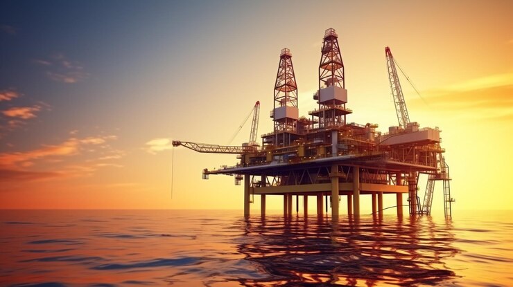 Plataforma petrolera y de perforación en alta mar en el atardecer o el amanecer Constru