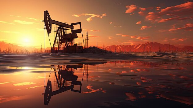Foto plataforma petrolífera no pôr do sol do deserto em uma superfície da água no estilo da fotoilustração