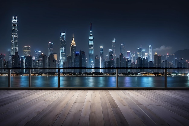 Plataforma de piso vacío con vista nocturna del horizonte de la ciudad en el fondo