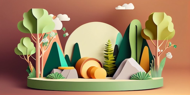 Plataforma de podio de diseño de plantilla con formas geométricas e ilustración de papel de fondo de naturaleza Generado por AI