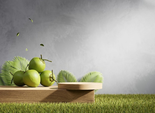 Plataforma de podio de exhibición de productos con fondo de decoración de frutas de coco representación 3d