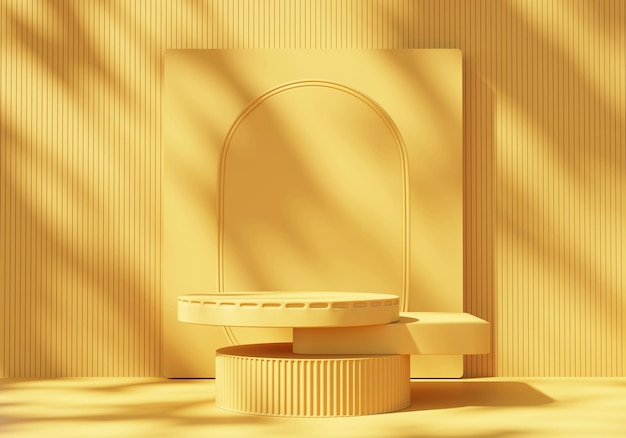 Plataforma de podio moderna minimalista amarilla exótica abstracta para exhibición de productos Escaparate Presentación Publicidad con decoraciones Representación 3D