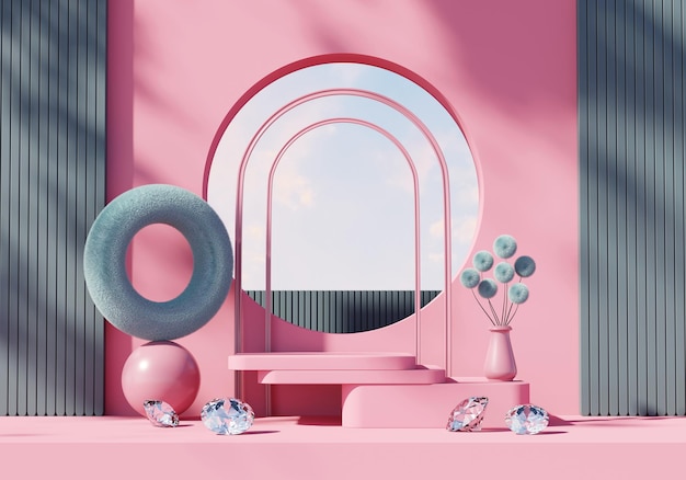 Plataforma de podio moderna minimalista exótica abstracta para exhibición de productos Presentación de escaparate Publicidad con decoraciones Representación 3D