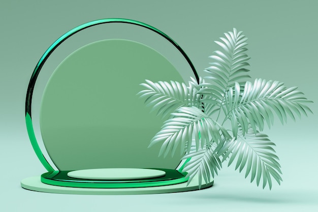 Plataforma de podio redonda verde para promociones de productos publicitarios con palmeras tropicales