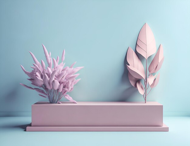 Plataforma de podio rosa vacía con pastel abstracto de plantas