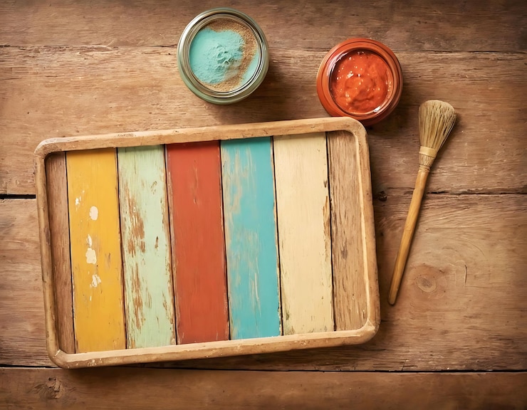 Foto plataforma de producto bandeja de madera y pintura con pincel