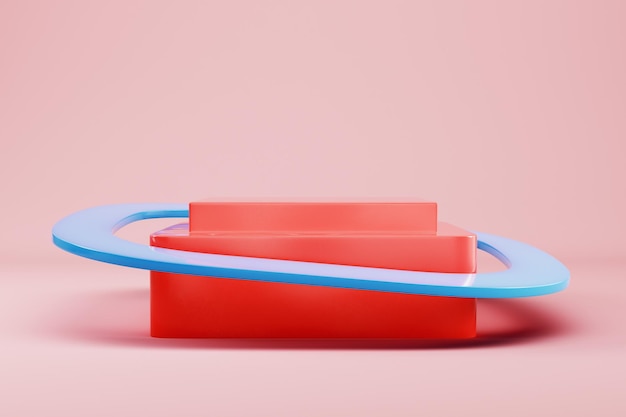 Plataforma rectangular roja con forma geométrica voladora sobre fondo de color pastel para exhibición de productos