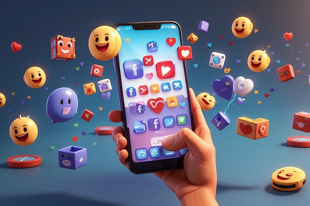 Plataforma de redes sociales en línea renderizado en 3D con emojis e íconos de interacción