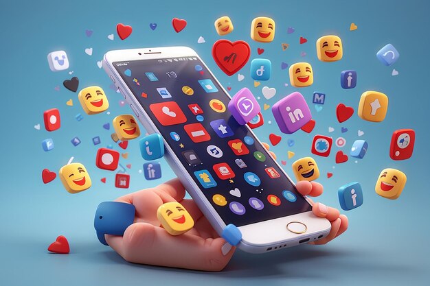 Plataforma de redes sociales en línea renderizado en 3D con emojis e íconos de interacción