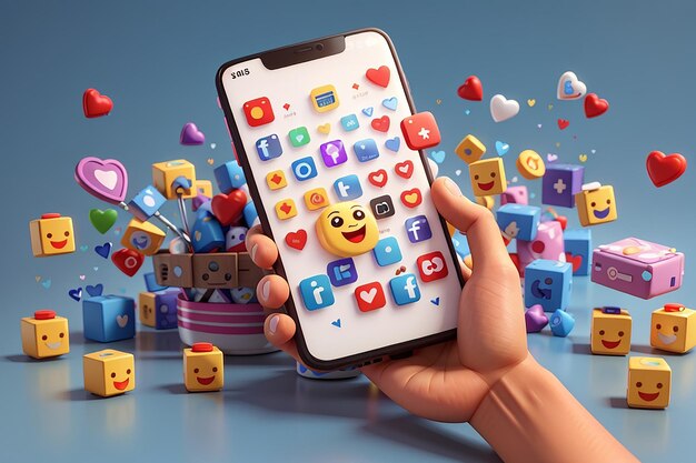 Plataforma de redes sociales en línea renderizado en 3D con emojis e íconos de interacción