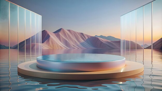 Plataforma redonda 3D en el agua con paneles de pared de vidrio