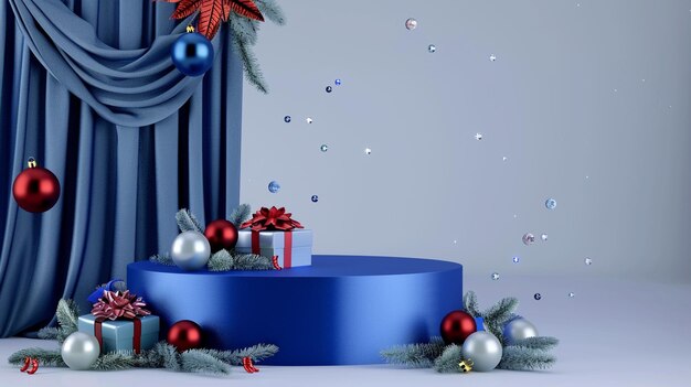 una plataforma redonda azul con un árbol de Navidad y regalos en él