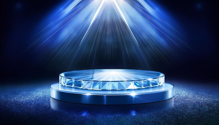 una plataforma redonda con una luz azul brillante en ella