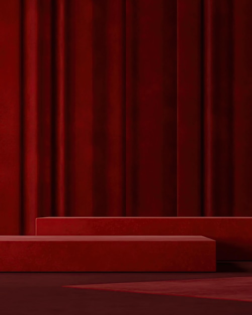 Foto plataforma roja dos pasos sobre fondo de cortina roja