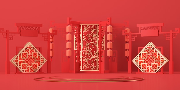 Plataforma roja sobre fondo rojo chines Premium