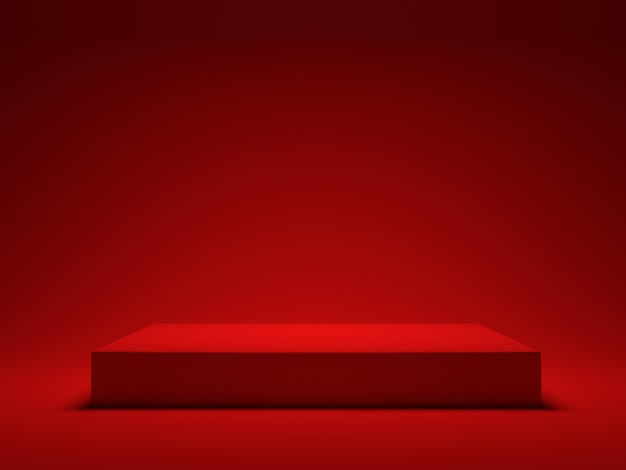 Plataforma roja sobre fondo rojo para mostrar el producto. Representación 3d