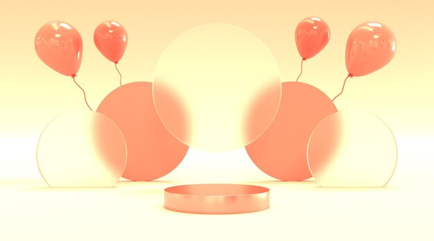 plataforma rosa e balão com renderização de ilustração 3d de fundo de vidro para produtos de exibição de panfleto