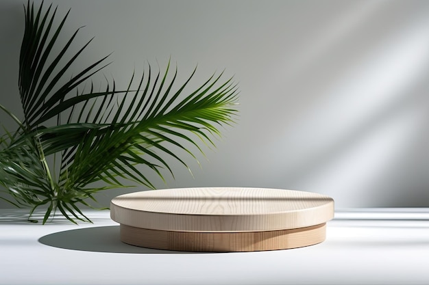 Una plataforma simplista y natural hecha de madera de pino en forma de disco adornada con una trópica