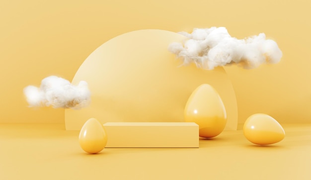 Plataforma de soporte de podio amarillo en 3D con nubes blancas voladoras y huevos de Pascua