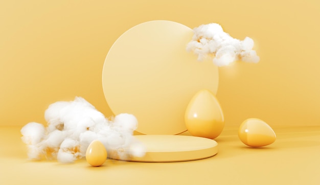 Plataforma de soporte de podio amarillo en 3D con nubes blancas voladoras y huevos de Pascua