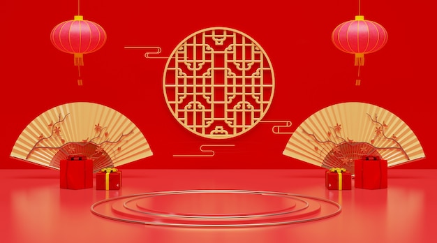 Plataforma vermelha em fundo vermelho estilo chinês