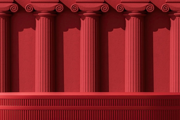 Plataforma vermelha em um fundo de colunas romanas de concreto