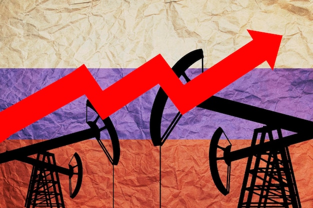 Plataformas de perforación de petróleo en el contexto de la bandera rusa El concepto de aumentar la producción de petróleo en Rusia y aumentar los precios