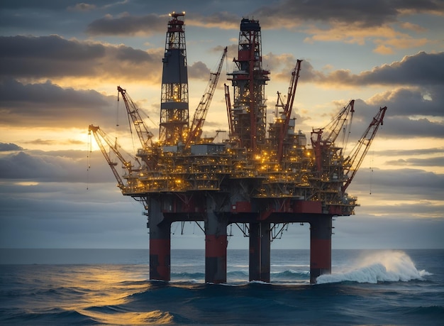 Plataformas petrolíferas offshore ao pôr do sol na paisagem da indústria de petróleo e gás