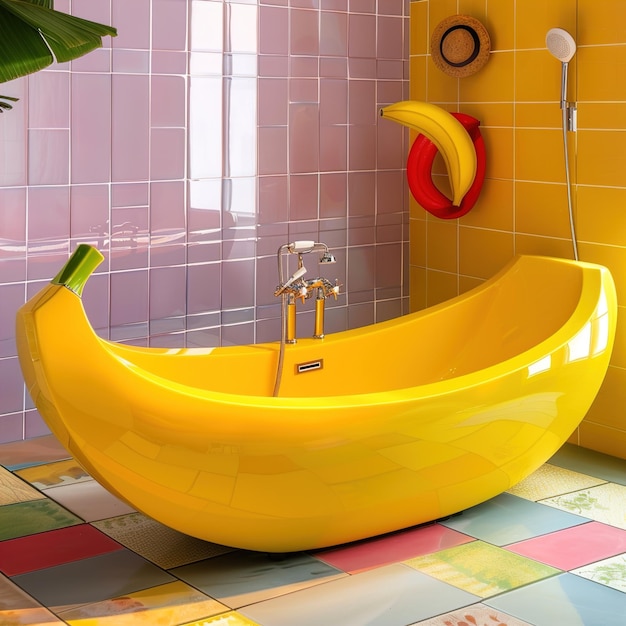 un plátano amarillo que está en una bañera amarilla