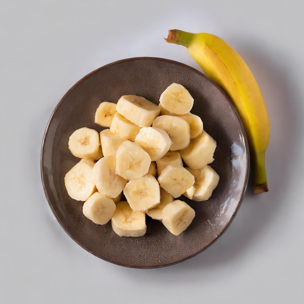 Foto plátano cortado en cubitos sobre un fondo blanco