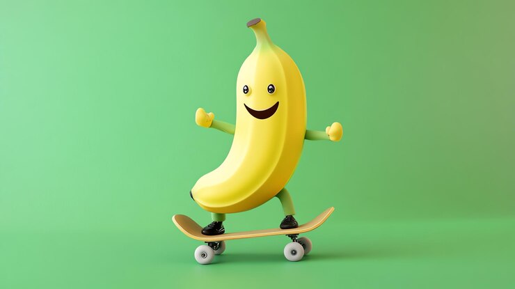 Foto un plátano de dibujos animados sonriente está patinando sobre un fondo verde