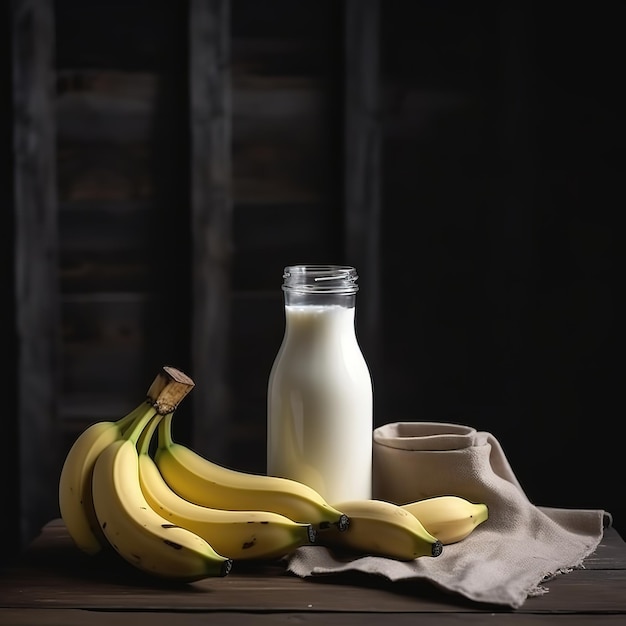 plátano y leche en mesa de madera