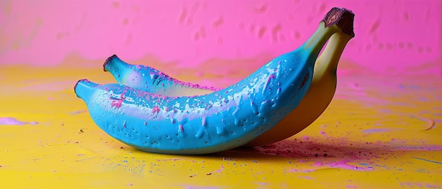 Un plátano de neón por artefakto en un fondo amarillo en el estilo de azul claro y rosa