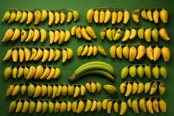 Foto los plátanos dispuestos de una manera ordenada y ordenada, bocadillos naturales, frutas frescas, fotografía de imágenes de plátanos.