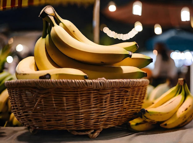 Plátanos hiperrealistas en un mercado cálido y acogedor, colores neutros, alta calidad, IA generativa generada