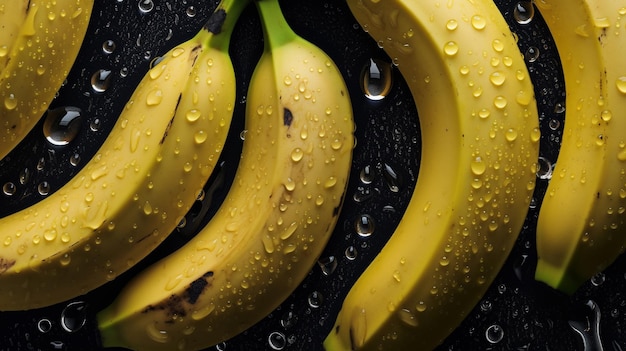 Plátanos húmedos frescos Frutas con gotas Fondo oscuro Vista superior Imagen generada por Ai