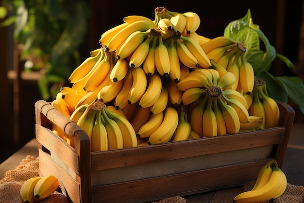 Plátanos orgánicos en una caja de madera
