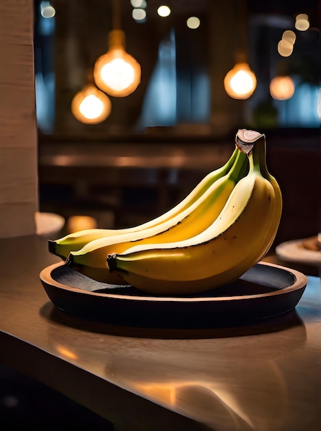 Plátanos realistas con una iluminación cálida, un acogedor y detallado restaurante con una paleta neutra generada por IA generativa