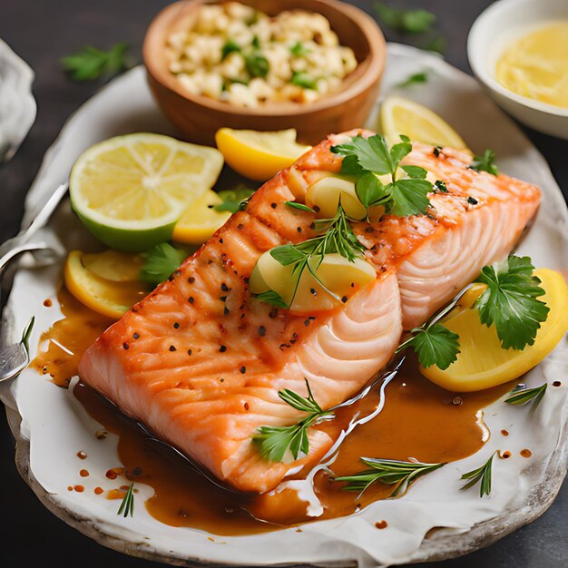 Foto a plate of salmon with a side of parsley on it