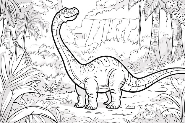 Plateosaurio Dinosaurio Negro Blanco Lineal Doodles Arte de línea Página para colorear Libro para niños