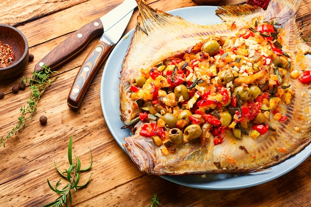Platija o pescado plano al horno con verduras.Pescado frito en la mesa de madera.Pescado entero al horno sabroso