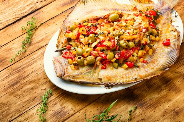 Platija o pescado plano al horno con verduras. Pescado frito con relleno de verduras Delicioso pescado a la plancha