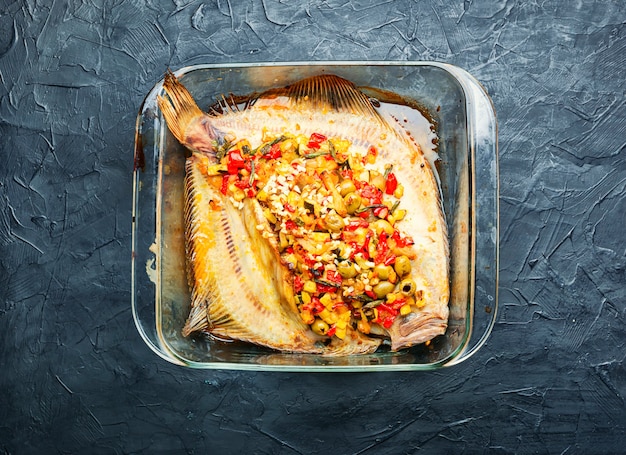 Platija de solla o pescado plano al horno con verduras, pescado frito con relleno de verduras