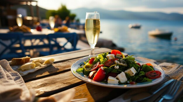 Platillo de ensalada griega contra un café junto al mar