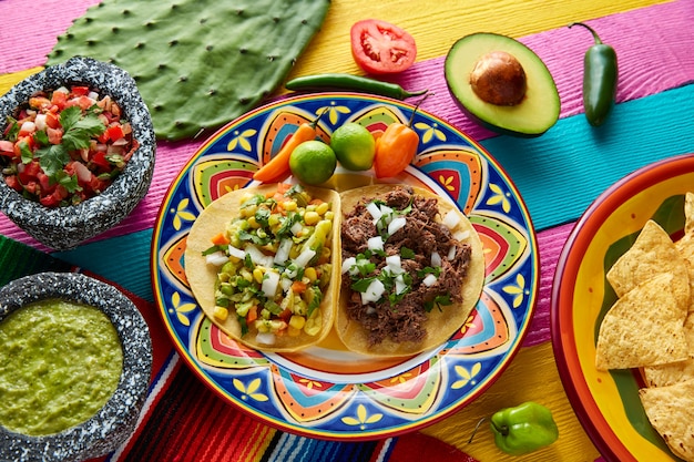 Foto platillo mexicano tacos de barbacoa y vegetariana