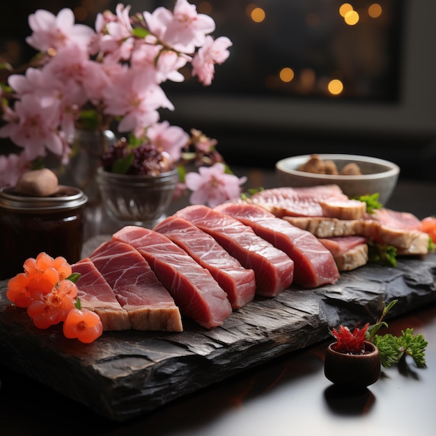 Un platillo de sashimi prístino descansa sobre un mostrador de roble pulido