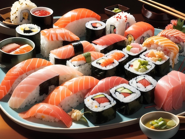 platillo de sushi con una variedad de nigiri maki y sashimi